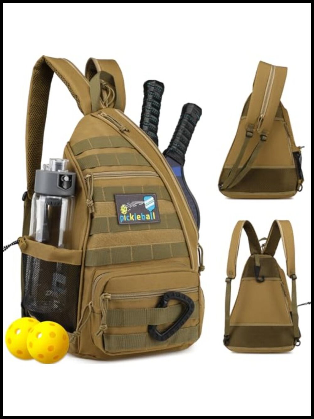 Tactical Pickleball Backpack Sling Bag with Fence Hook Water Bottle Holder 900D